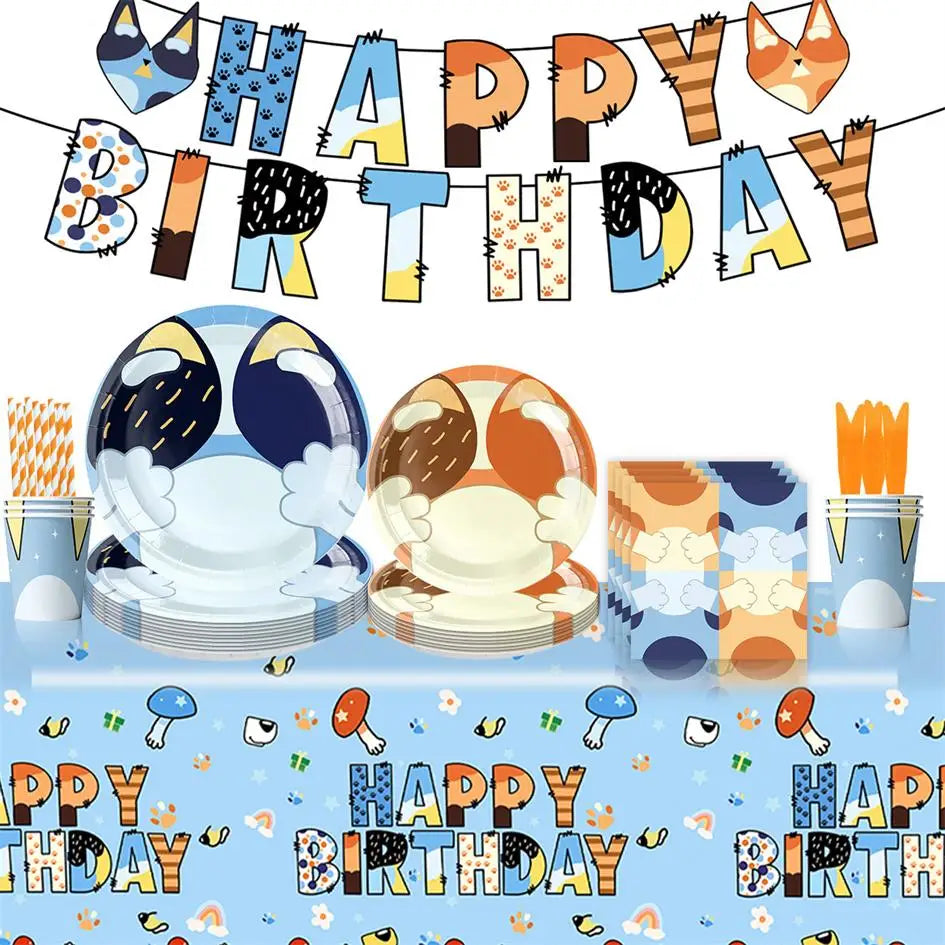 New Cartoon Dogs Birthday Party Decoration Full Set Kit Blue Dog Happy Birthday Plates Napkins Cups Tableware Supplies Kid Favor
