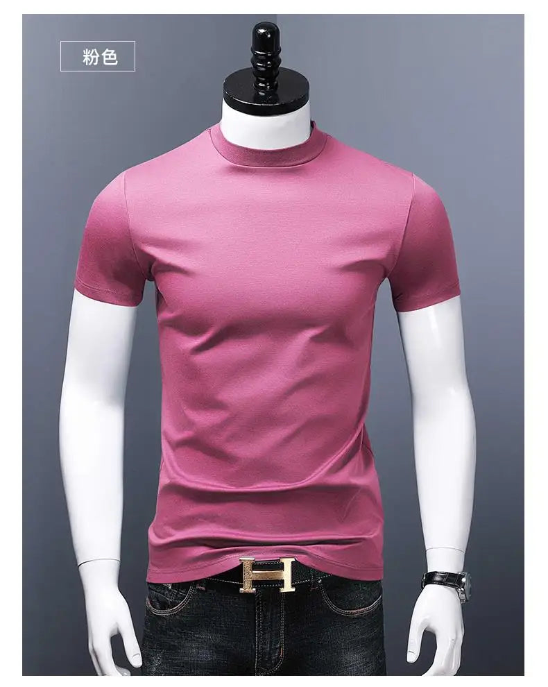 Men's Casual Turtleneck T-Shirts Short Sleeve Solid Slim Fit Silk High Neck Tops Inner Wear Trendy Round Neck Base Layer Shirt