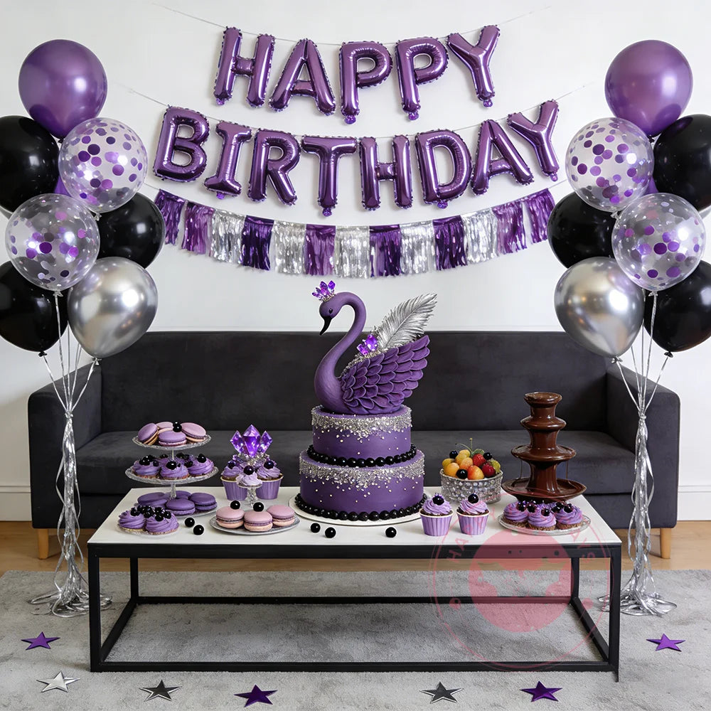 30/60pcs 10inch Purple Black Metal Silver Latex Balloons With Purple Confetti Suitable for Weddings Birthdays Party Gift Ribbon