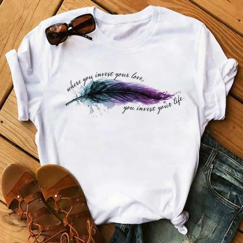 Women's Simple T-shirt Half Sleeve Colorful Flower Butterfly Art Feather Print Short Sleeve T-shirt Tops  Oversized T Shirt