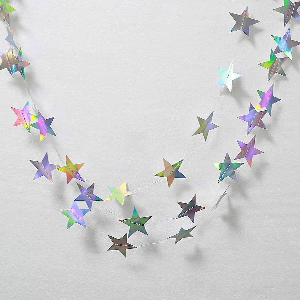 4M Silver Iridescent Paper Garland Star Round String Banners Wedding Birthday Party Home Hanging Decorations Baby Shower Favors