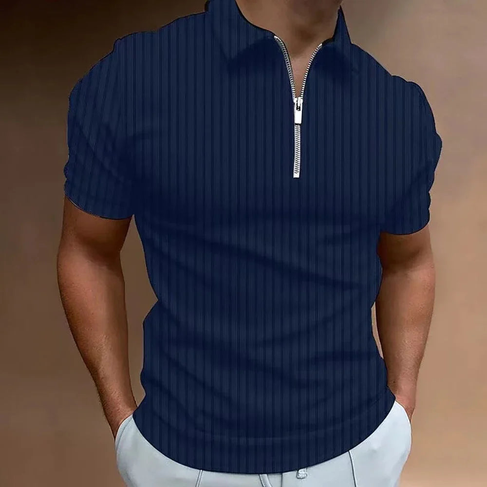 Men Striped Golf Shirt with Quarter Zipper Lapel Casual Holiday Short Sleeved T-shirt Fashionable Basic Style Regular Fit Shirt