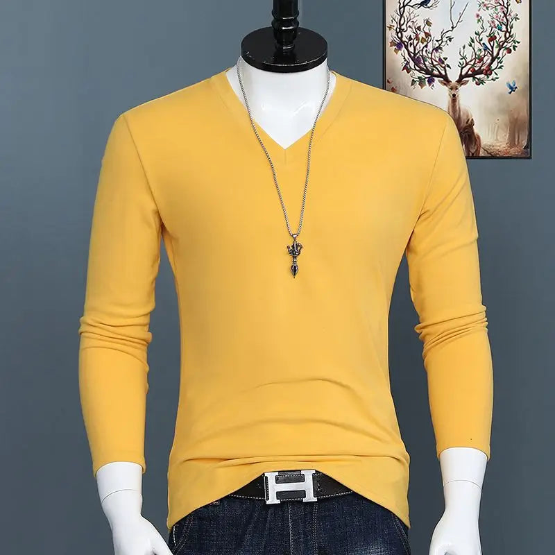 Harajuku Fashion 2023 New Men's V-neck T-shirt Crossfit Pure Color Slim Long Sleeve Tee Classic Oversized Oversized T Shirt