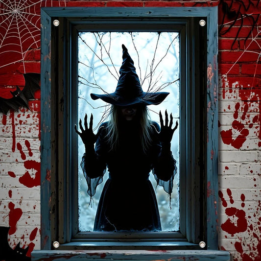 Halloween Witch Window Decor 2D Silhouette Banner Spooky Creepy Ghost Hand Print Curtain for Home Party Haunted House Decoration