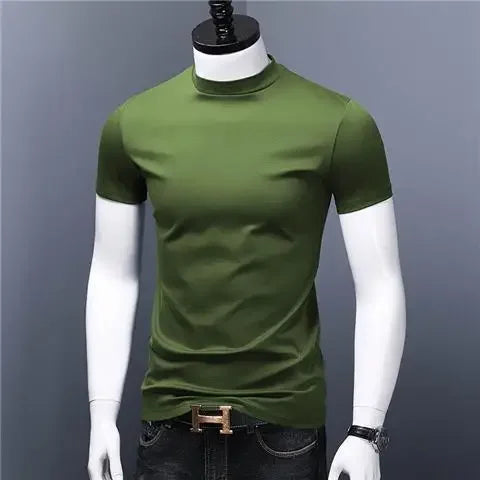 Men's Casual Turtleneck T-Shirts Short Sleeve Solid Slim Fit Silk High Neck Tops Inner Wear Trendy Round Neck Base Layer Shirt