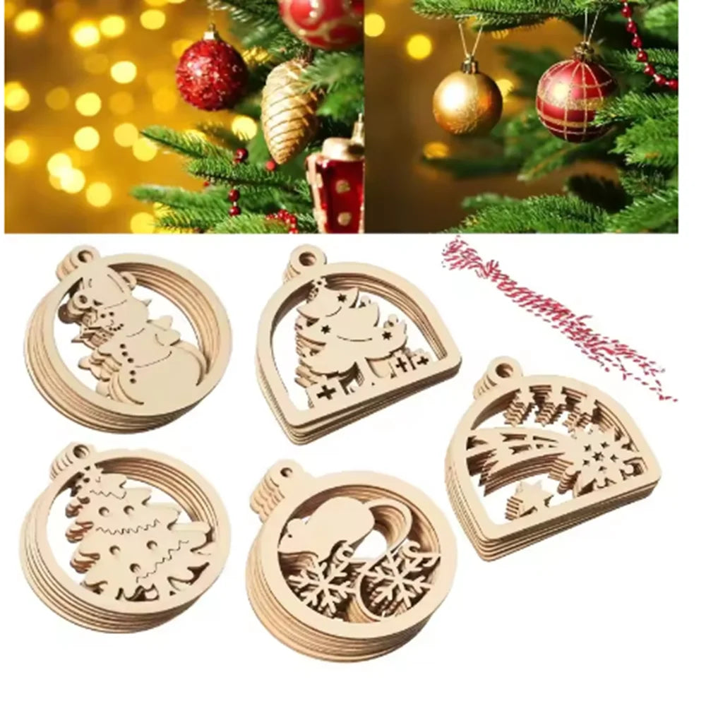 10 Wooden Christmas Ornaments for Year Decorations, Handmade Pendants for Party and Holiday Decoration