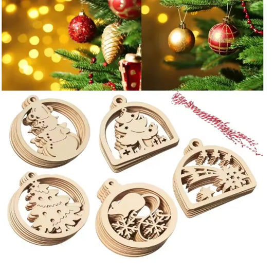 10 Wooden Christmas Ornaments for Year Decorations, Handmade Pendants for Party and Holiday Decoration