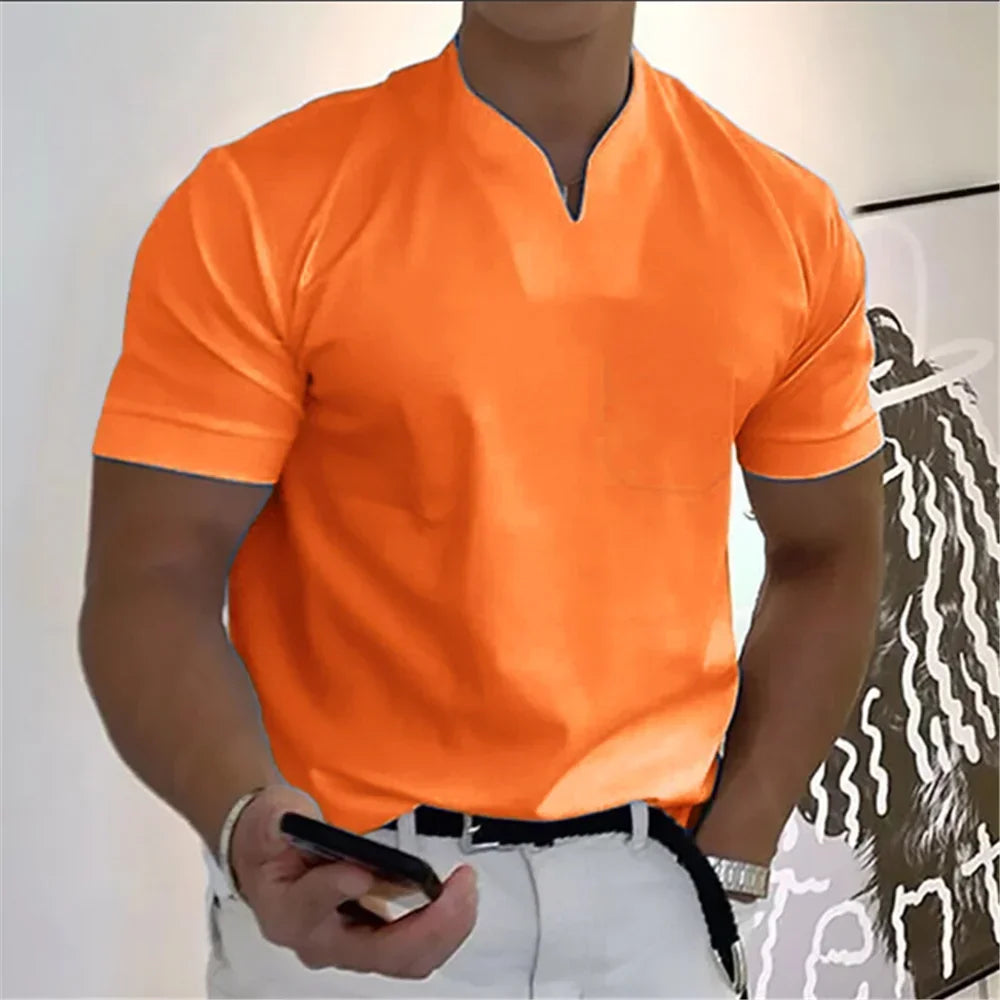 2026 Summer New Men Fashion Trend T-shirt Short Sleeve V-neck Top Elastic Cotton Fitness Sports Loose Large Size Clothing