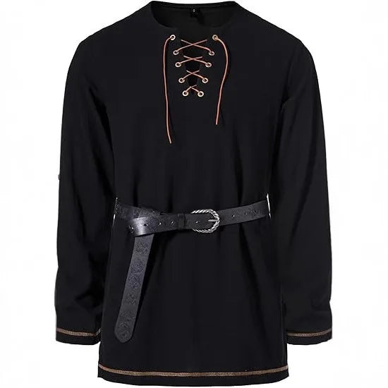 Men's Medieval Lace Up Tunic Shirt Renaissance Viking Pirate Costume Long Sleeve Retro Tops with Belt for Halloween Cosplay