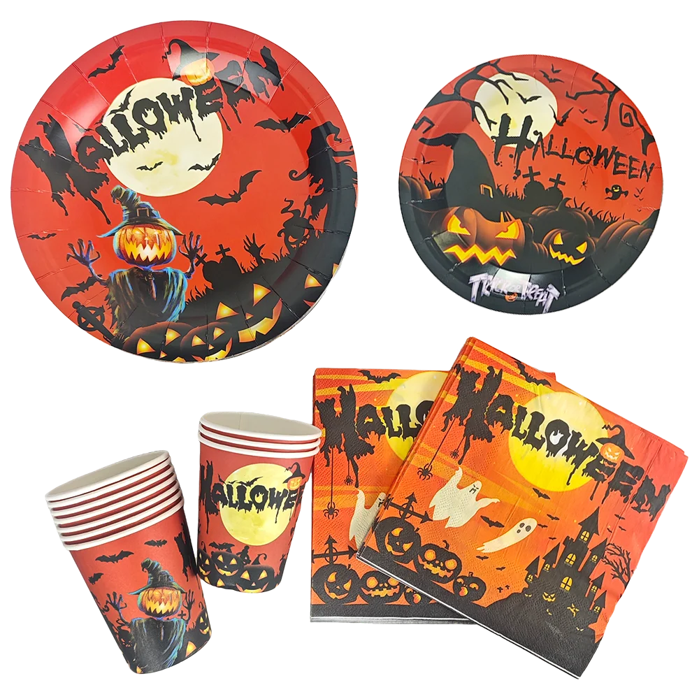 Halloween Theme Disposable Tableware Paper Plates Cups Napkins  Pumpkin Castle Ghost Halloween Party Decor Dinner Table Supplies