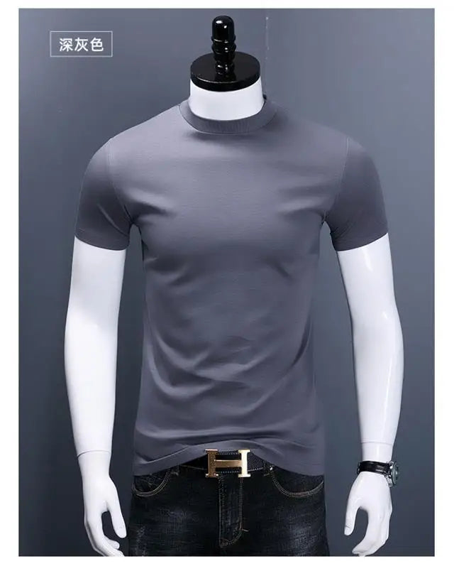 Men's Casual Turtleneck T-Shirts Short Sleeve Solid Slim Fit Silk High Neck Tops Inner Wear Trendy Round Neck Base Layer Shirt