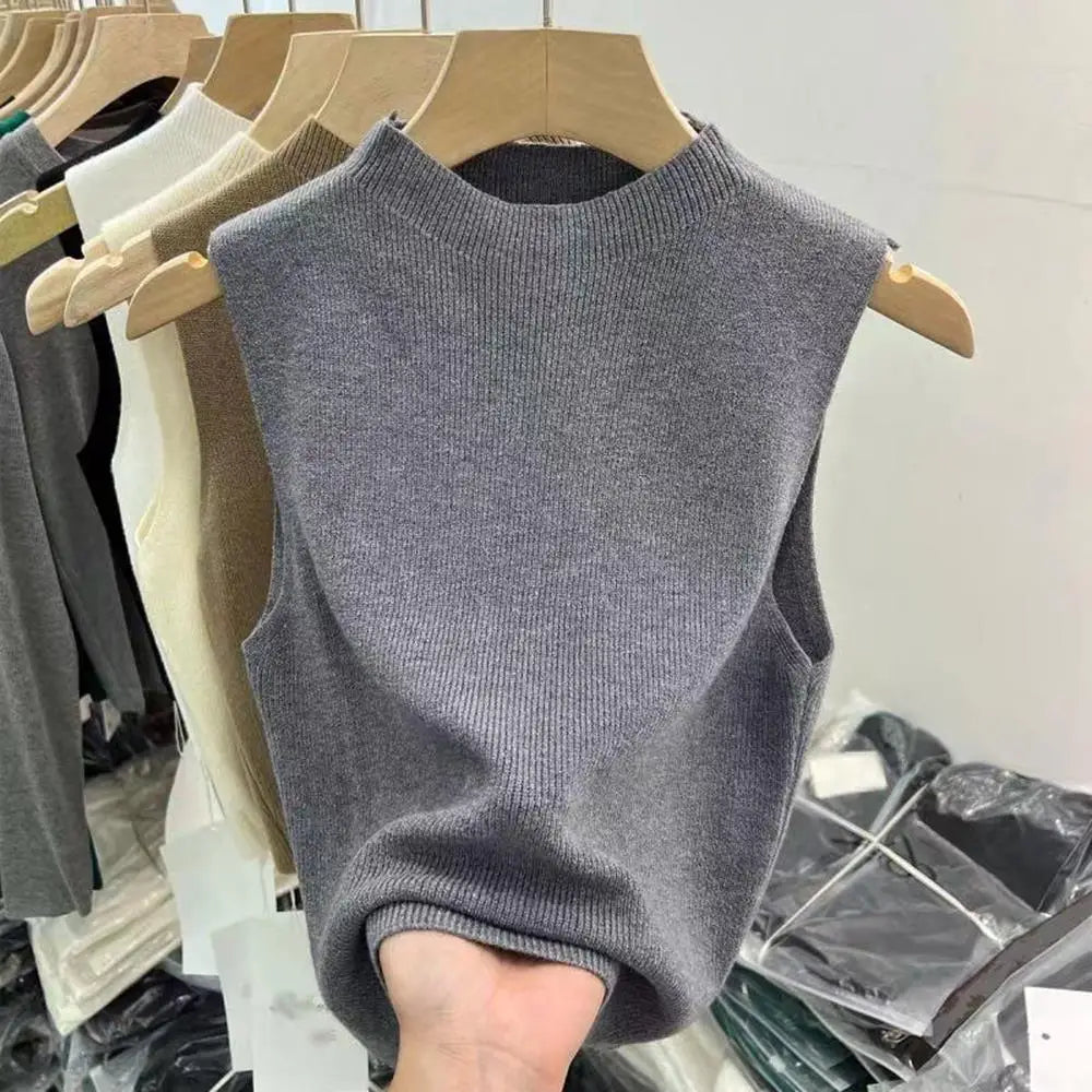 Hot Women's Vest Knitted Tank Top Solid Color Slim Sweater Half-turtleneck Spring Autumn Sleeveless T-Shirt Cropped Top Camisole