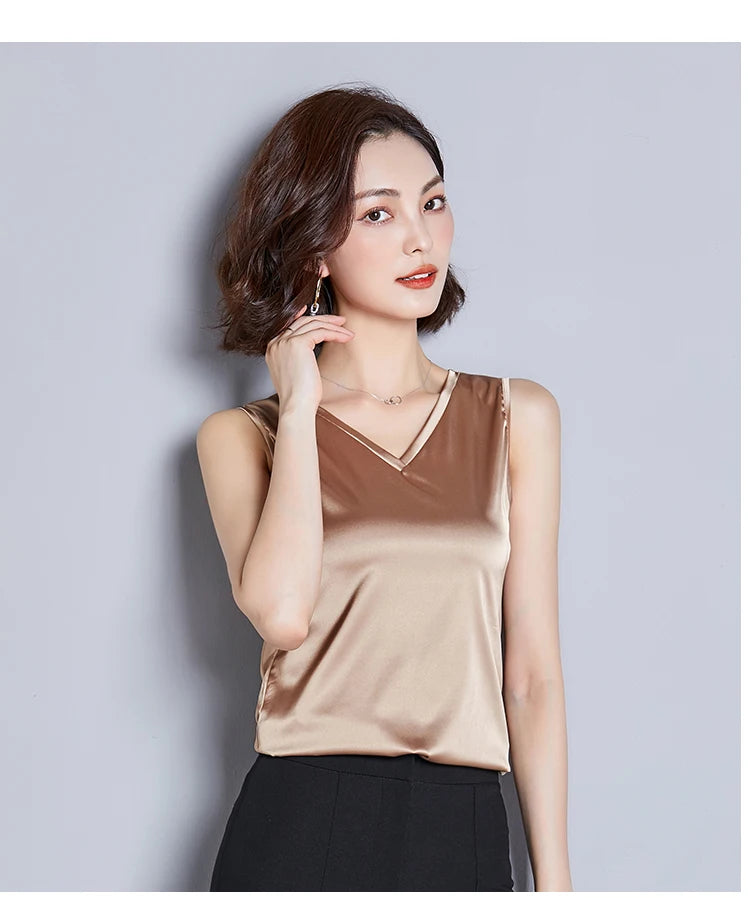 New Imitation Silk Ladies Sleeveless Blouse Halter Sexy Shirt Tops