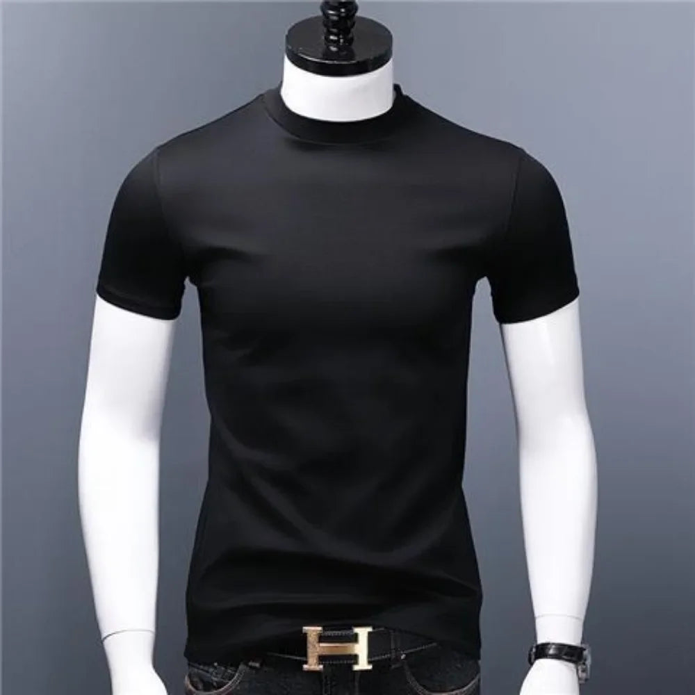 Men's Casual Turtleneck T-Shirts Short Sleeve Solid Slim Fit Silk High Neck Tops Inner Wear Trendy Round Neck Base Layer Shirt