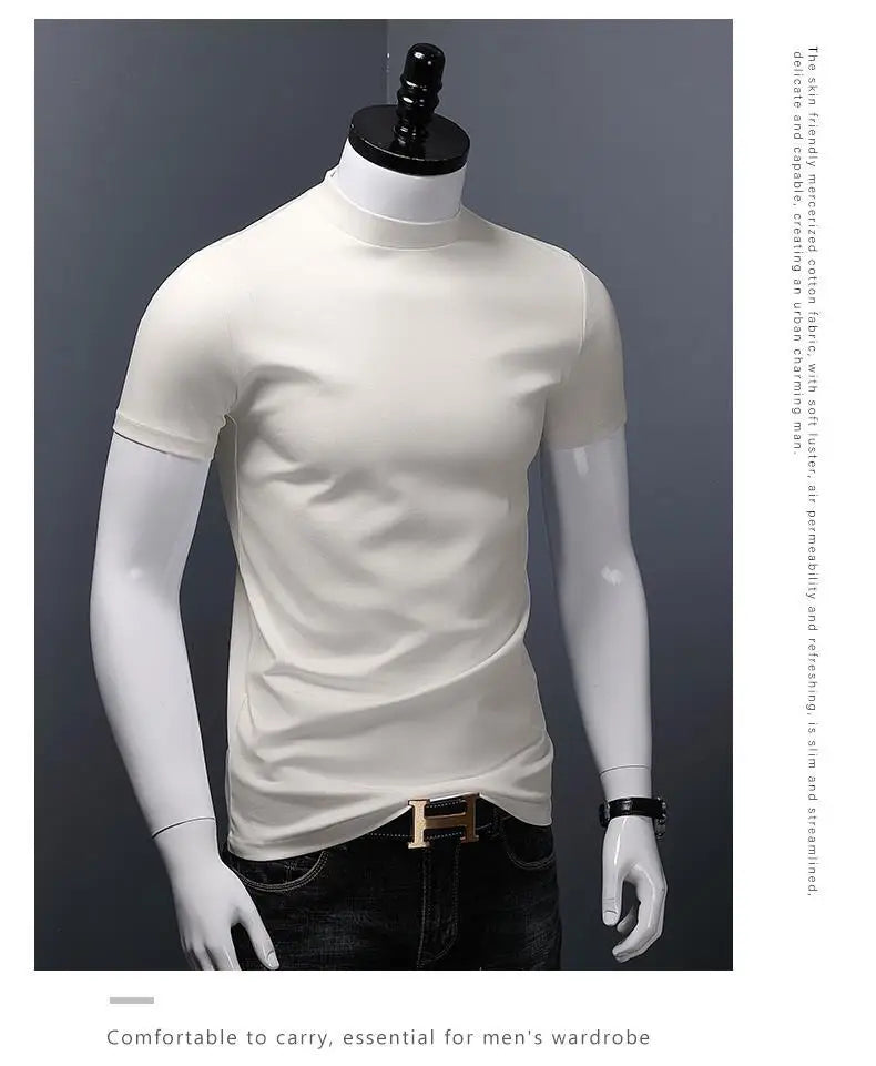 Men's Casual Turtleneck T-Shirts Short Sleeve Solid Slim Fit Silk High Neck Tops Inner Wear Trendy Round Neck Base Layer Shirt