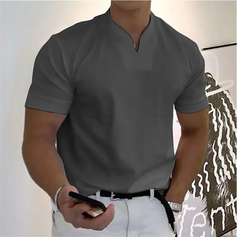 2026 Summer New Men Fashion Trend T-shirt Short Sleeve V-neck Top Elastic Cotton Fitness Sports Loose Large Size Clothing