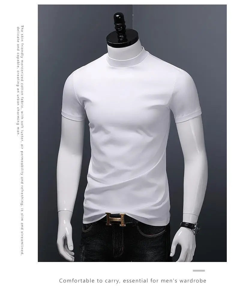 Men's Casual Turtleneck T-Shirts Short Sleeve Solid Slim Fit Silk High Neck Tops Inner Wear Trendy Round Neck Base Layer Shirt