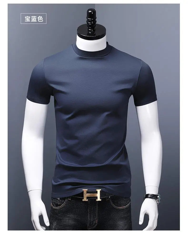 Men's Casual Turtleneck T-Shirts Short Sleeve Solid Slim Fit Silk High Neck Tops Inner Wear Trendy Round Neck Base Layer Shirt