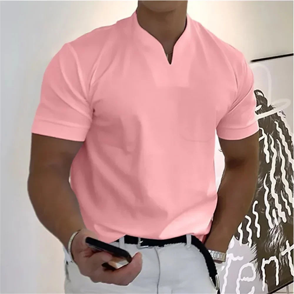 2026 Summer New Men Fashion Trend T-shirt Short Sleeve V-neck Top Elastic Cotton Fitness Sports Loose Large Size Clothing