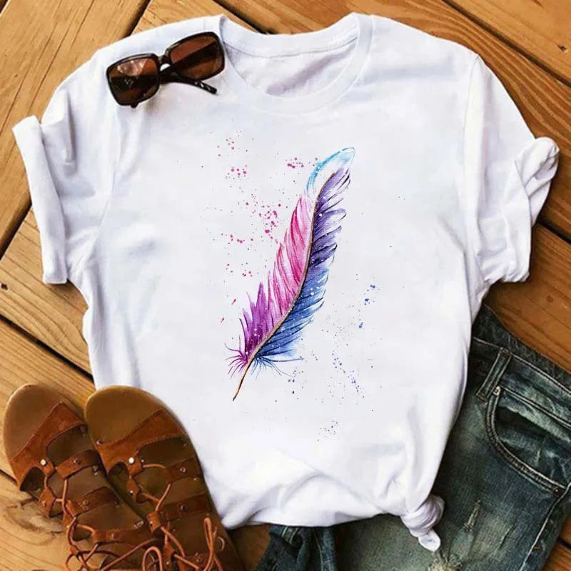 Women's Simple T-shirt Half Sleeve Colorful Flower Butterfly Art Feather Print Short Sleeve T-shirt Tops  Oversized T Shirt
