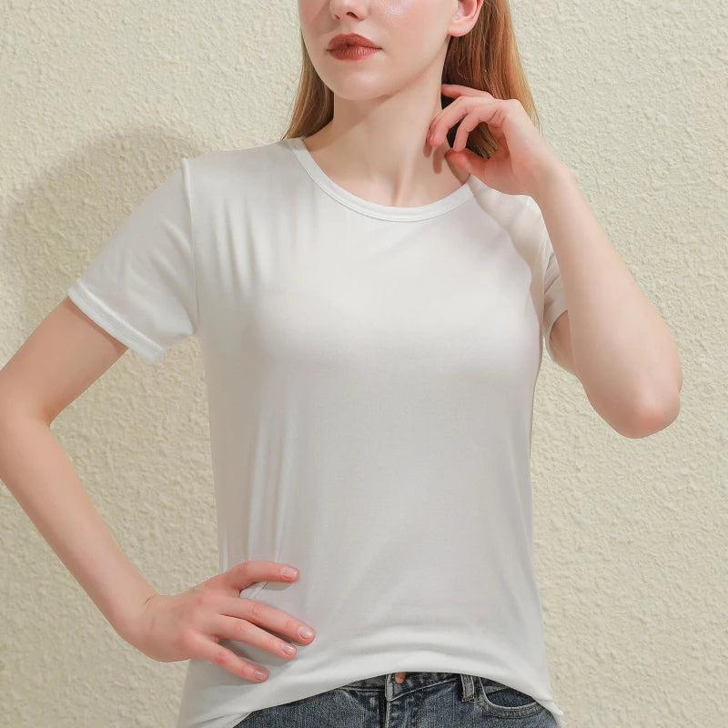 2025 Short T-Shirts Summer Women's Short Sleeve Round Neck Casual Blouse Shirts Solid Color Tops  Black / White