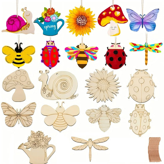16pcs/set Spring Flower Wooden Ornament Cartoon Unpainted Butterly/Insect/Flower Hanging Crafts for Easter Spring Party Decor