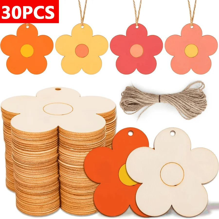 15/30PCS Wooden Carved Flowers with Hemp Rope DIY Handmade Decorations for Home Birthday Wedding Party Garden Summer Theme Famil