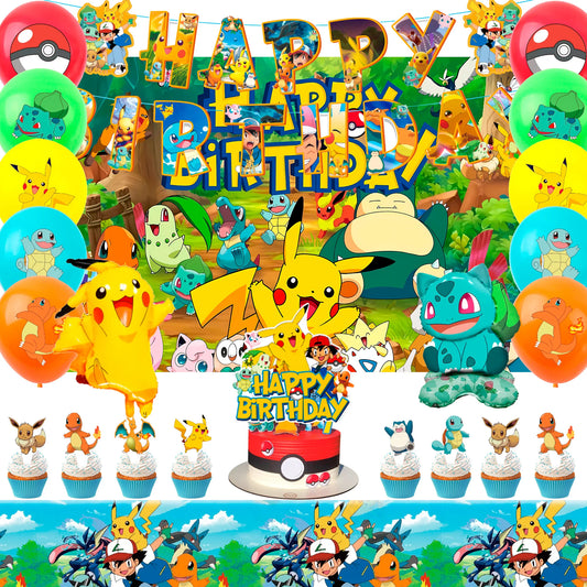 38 Pcs Pokemon Birthday Decorations - Pokemon Banners Balloons Tablecloth Etc Pokemon Party Decorations for Pikachu Party Suppli