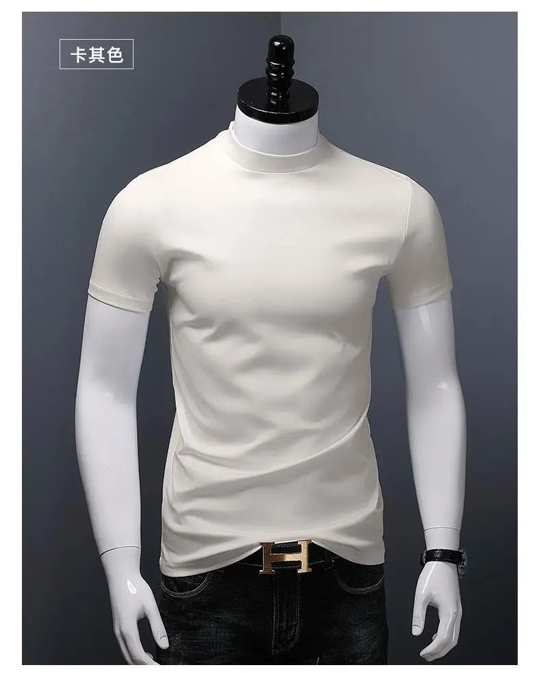 Men's Casual Turtleneck T-Shirts Short Sleeve Solid Slim Fit Silk High Neck Tops Inner Wear Trendy Round Neck Base Layer Shirt