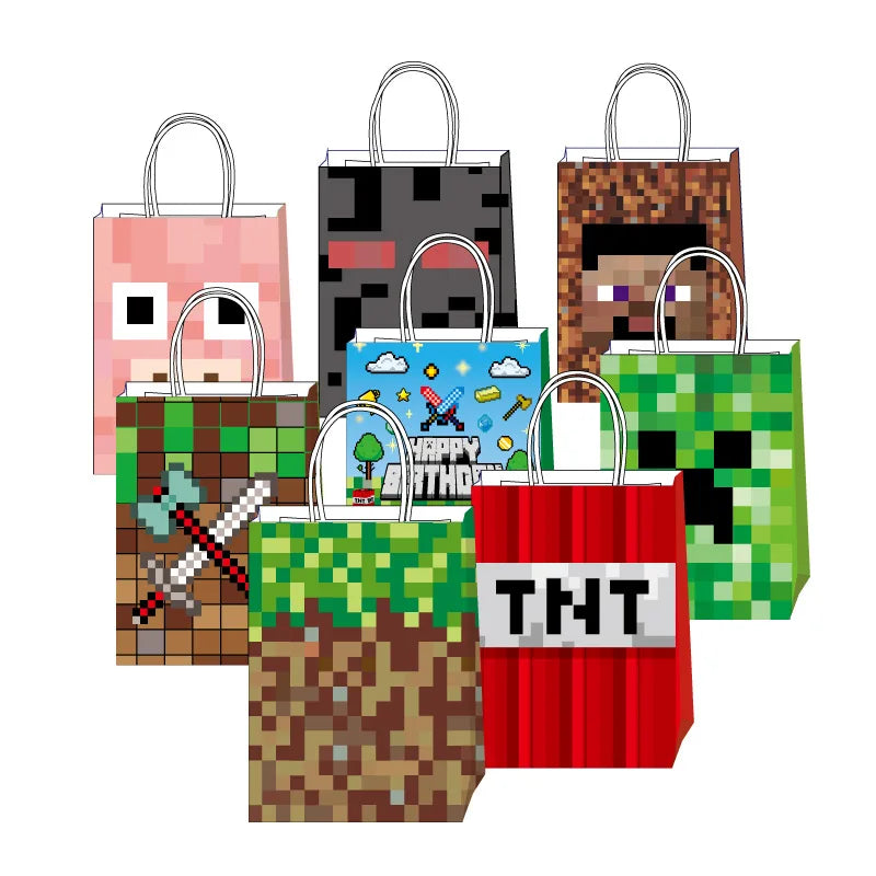 NEW Minecraft Themed Steve Creeper Lawn Handles Kraft Paper Gift Bags Birthday Party Goodie Treat Bags Pixel Game Party Supplies