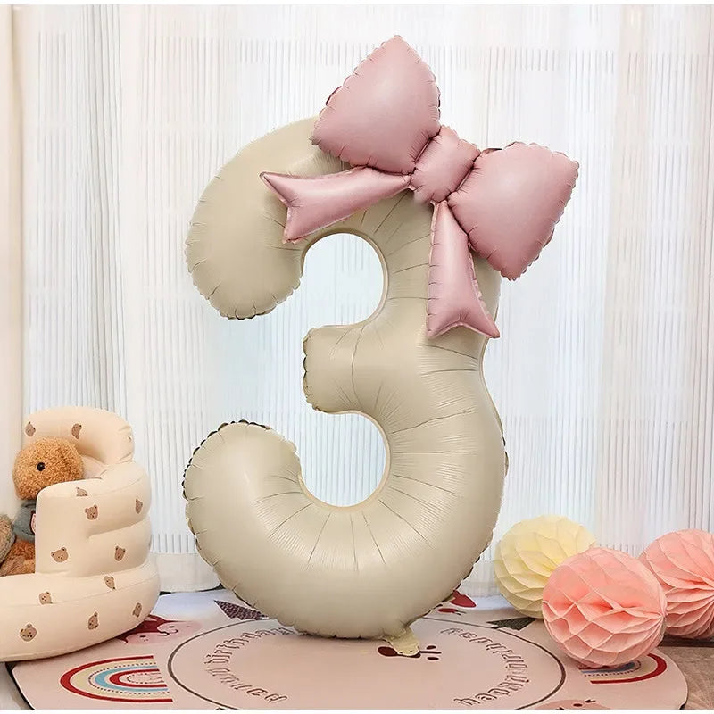 1pc Large Number Pink Foil Balloon With Bow 1 2 3 4 5 6 7 8 9 For Wedding Birthday Party Ballons Jumbo Number Balloon
