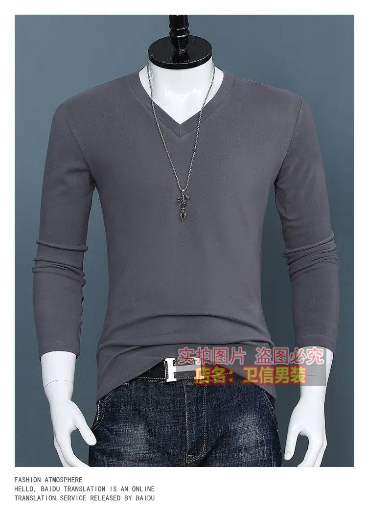 Harajuku Fashion 2023 New Men's V-neck T-shirt Crossfit Pure Color Slim Long Sleeve Tee Classic Oversized Oversized T Shirt