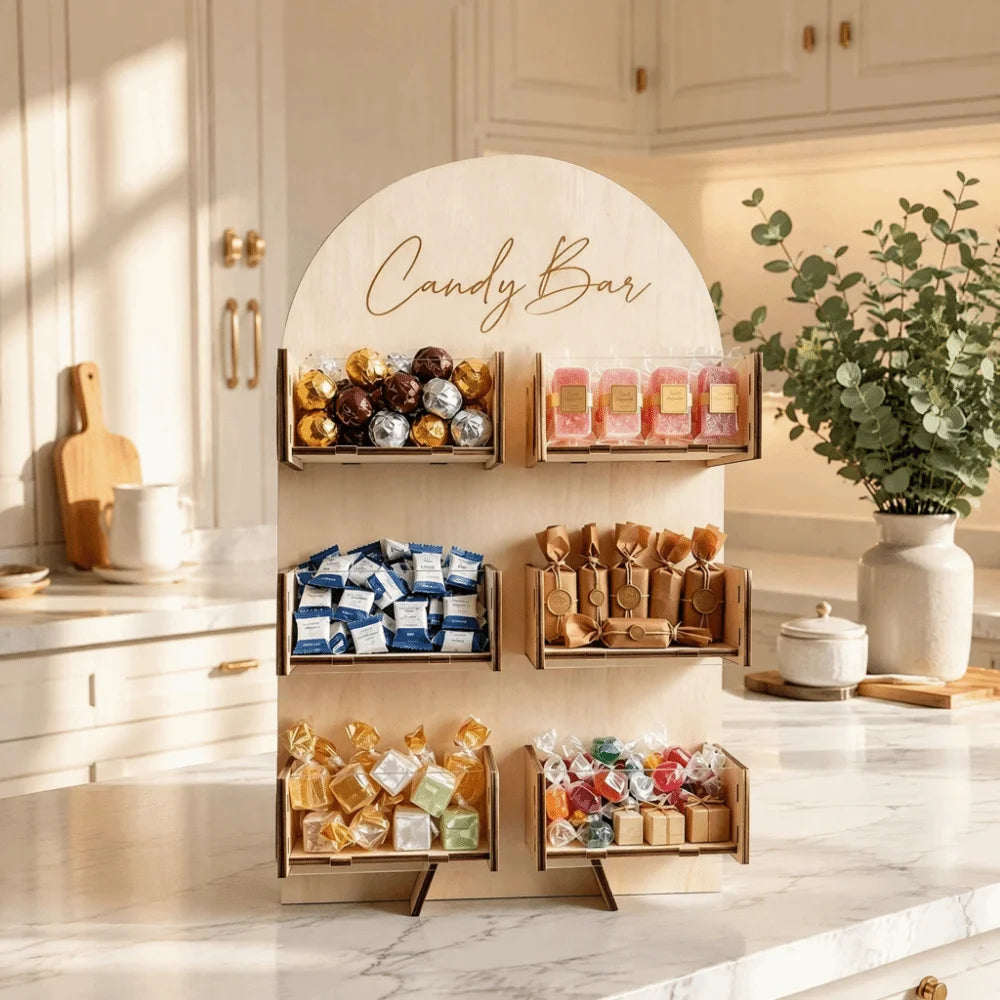 4/6Grids Candy Display Stand Wood Desktop Rack Candy Bar Stand Holder Easy Install Detachable Dessert Snack Display Box