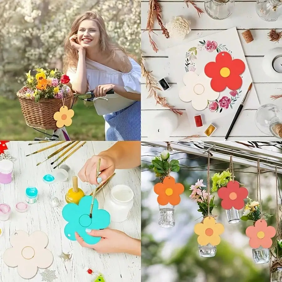 15/30PCS Wooden Carved Flowers with Hemp Rope DIY Handmade Decorations for Home Birthday Wedding Party Garden Summer Theme Famil