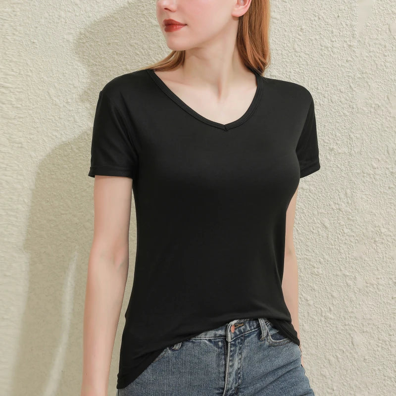 2025 Short T-Shirts Summer Women's Short Sleeve Round Neck Casual Blouse Shirts Solid Color Tops  Black / White