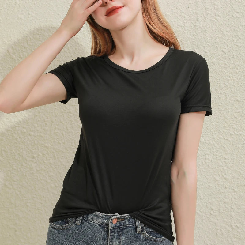 2025 Short T-Shirts Summer Women's Short Sleeve Round Neck Casual Blouse Shirts Solid Color Tops  Black / White