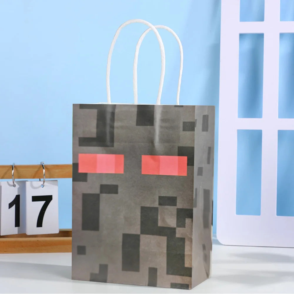 NEW Minecraft Themed Steve Creeper Lawn Handles Kraft Paper Gift Bags Birthday Party Goodie Treat Bags Pixel Game Party Supplies