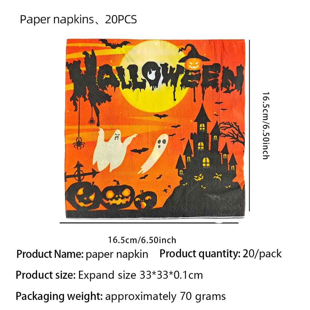 Halloween Theme Disposable Tableware Paper Plates Cups Napkins  Pumpkin Castle Ghost Halloween Party Decor Dinner Table Supplies