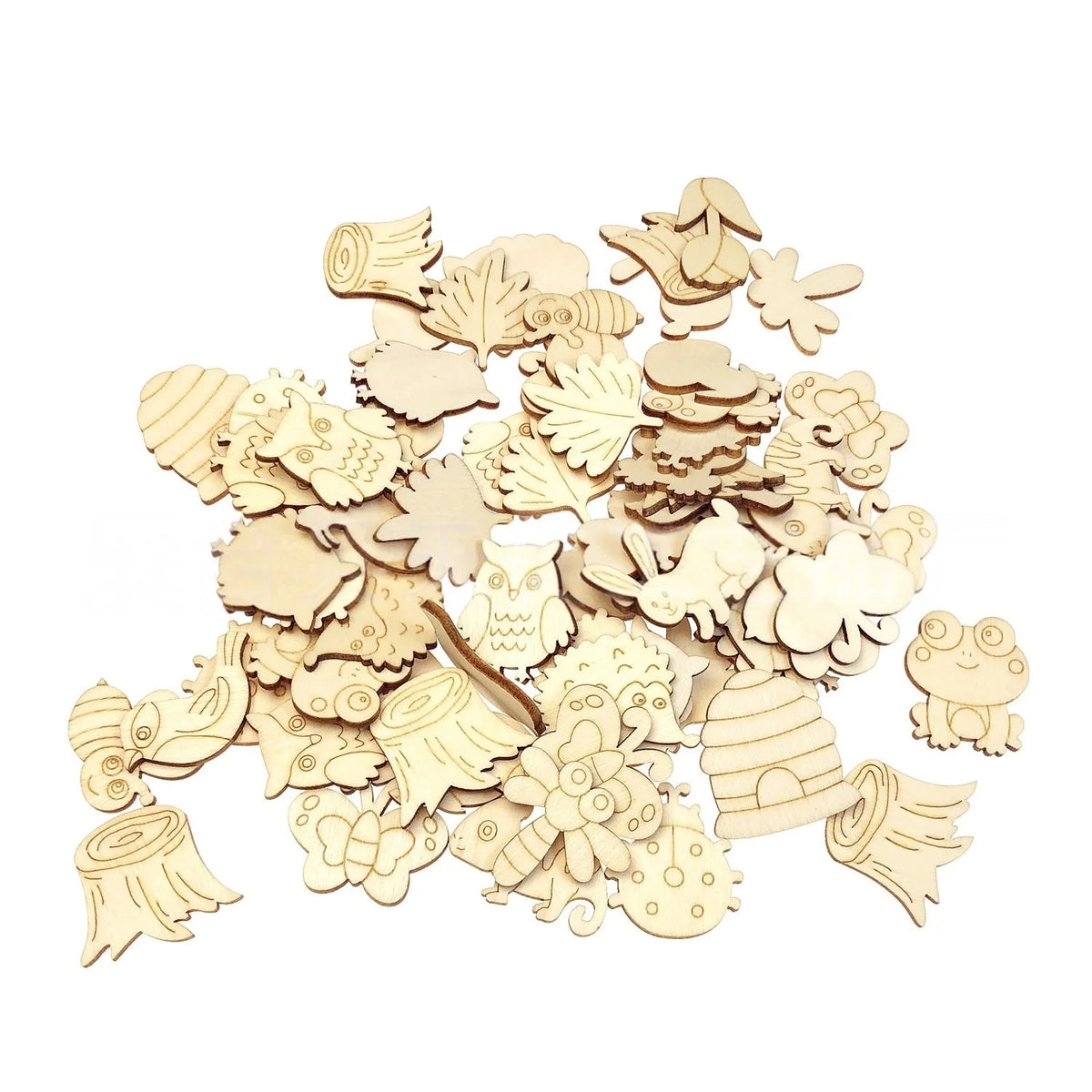 50Pcs Forest Animals Theme Unfinished Wood Craft Owl Rabbit Butterfly Lizard Mushroom Tree Trunk Shape Blank Wooden Cutout