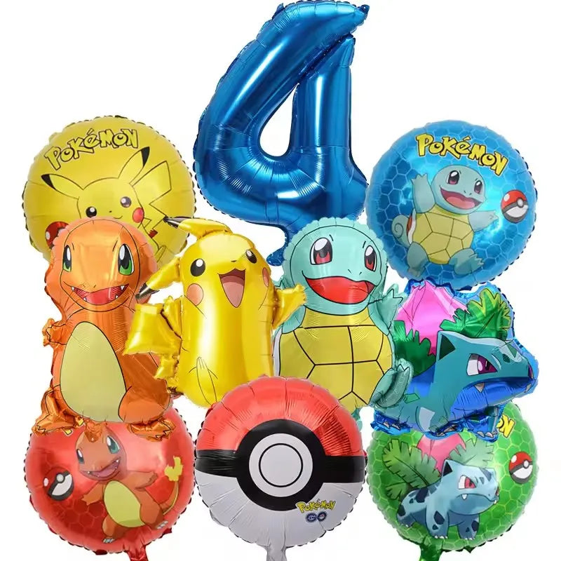 10pcs Pokemon Balloons set Pikachu Pokemon Ball Balloons 32inch Blue Number Balloon for Kids 1-9th Birthday Party Decoration