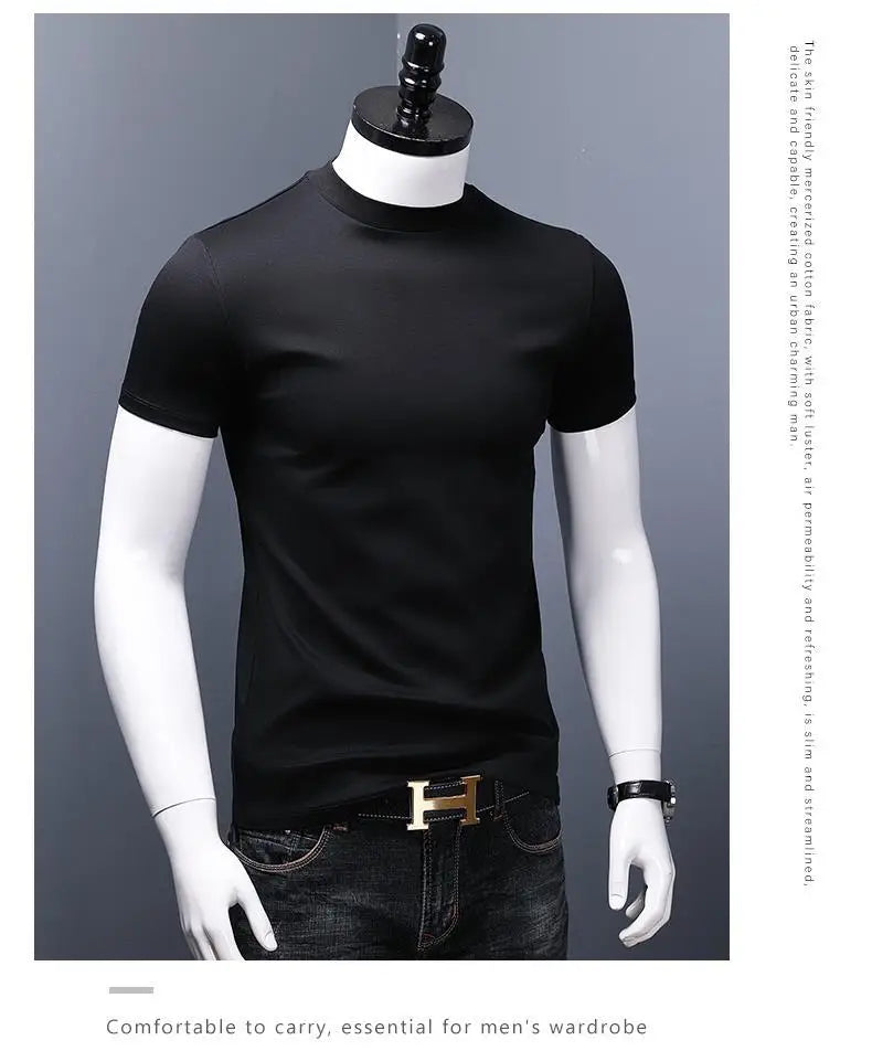 Men's Casual Turtleneck T-Shirts Short Sleeve Solid Slim Fit Silk High Neck Tops Inner Wear Trendy Round Neck Base Layer Shirt