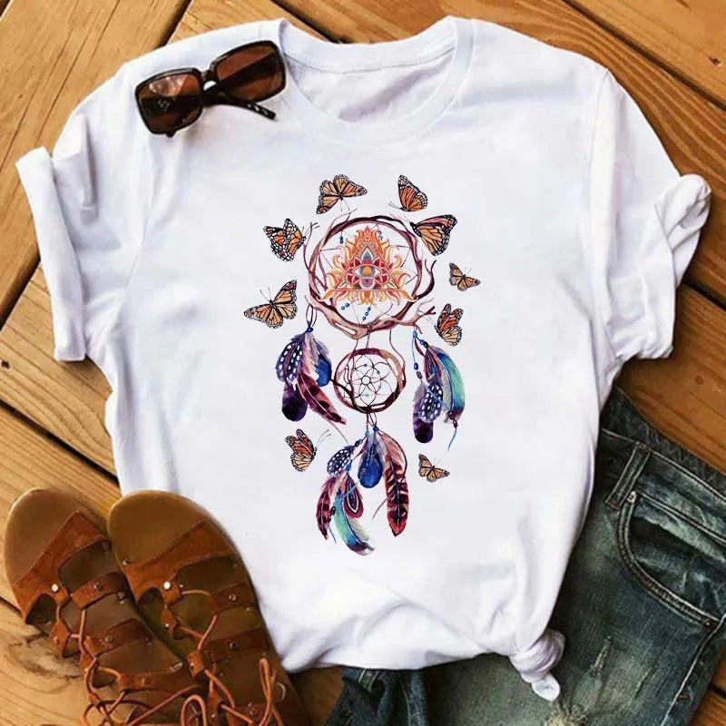 Women's Simple T-shirt Half Sleeve Colorful Flower Butterfly Art Feather Print Short Sleeve T-shirt Tops  Oversized T Shirt