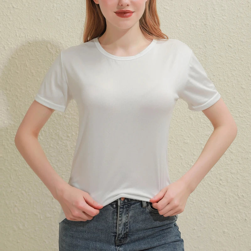 2025 Short T-Shirts Summer Women's Short Sleeve Round Neck Casual Blouse Shirts Solid Color Tops  Black / White