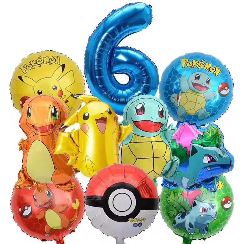 10pcs Pokemon Balloons set Pikachu Pokemon Ball Balloons 32inch Blue Number Balloon for Kids 1-9th Birthday Party Decoration