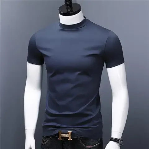 Men's Casual Turtleneck T-Shirts Short Sleeve Solid Slim Fit Silk High Neck Tops Inner Wear Trendy Round Neck Base Layer Shirt