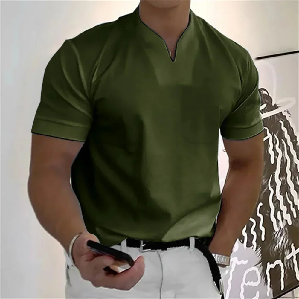 2026 Summer New Men Fashion Trend T-shirt Short Sleeve V-neck Top Elastic Cotton Fitness Sports Loose Large Size Clothing