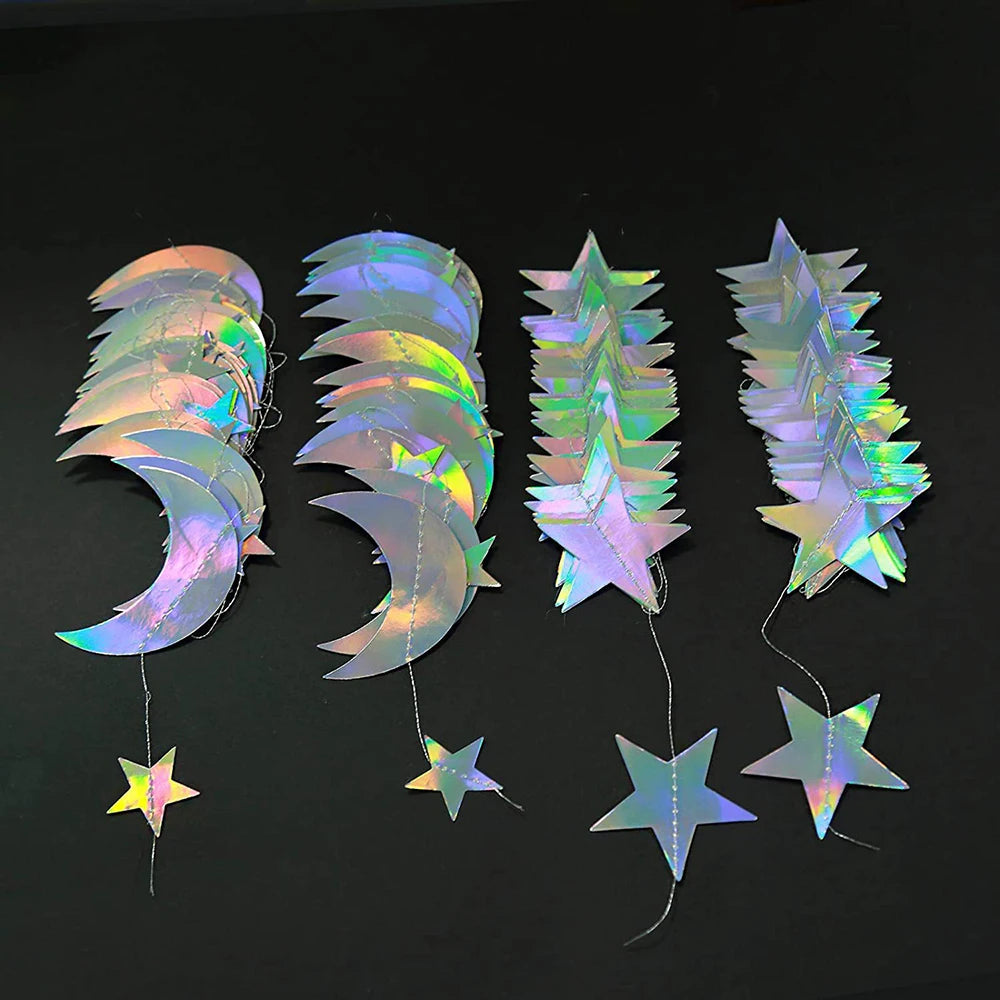 4M Silver Iridescent Paper Garland Star Round String Banners Wedding Birthday Party Home Hanging Decorations Baby Shower Favors