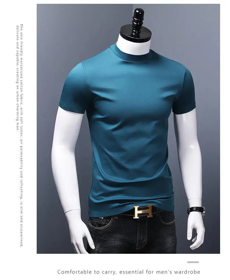Men's Casual Turtleneck T-Shirts Short Sleeve Solid Slim Fit Silk High Neck Tops Inner Wear Trendy Round Neck Base Layer Shirt