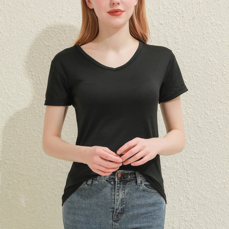 2025 Short T-Shirts Summer Women's Short Sleeve Round Neck Casual Blouse Shirts Solid Color Tops  Black / White