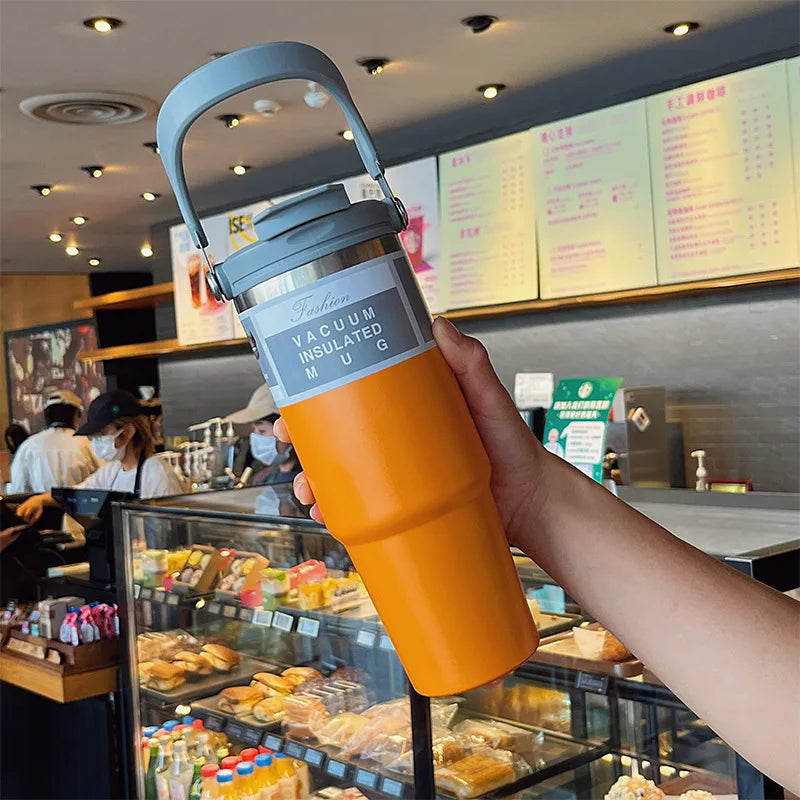 30oz Thermal Cup Stainless Steel Water Bottle with Straw Leakproof Car Tumbler Vacuum Insulated Flask for Outdoor Sports Gym